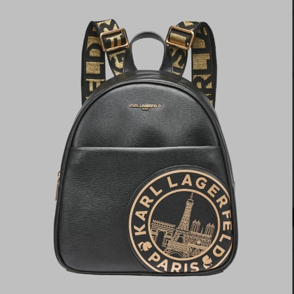 NWT! NEW! Karl Lagerfeld Maybelle Backpack Black with Gold Logo